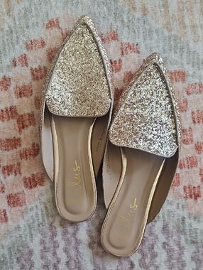Women's Rose Gold Glitter Pointed Toe Slip-On Flats - Gold Lulu's Size 7.5